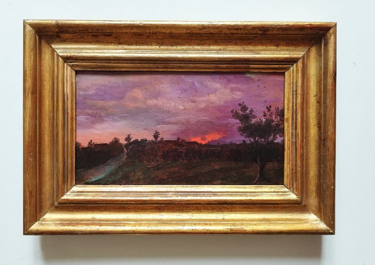 Oil Painting Landscape At Setting Sun 19th C French School