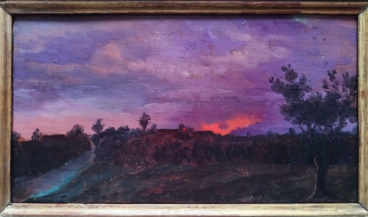 Oil Painting Landscape At Setting Sun 19th C French School