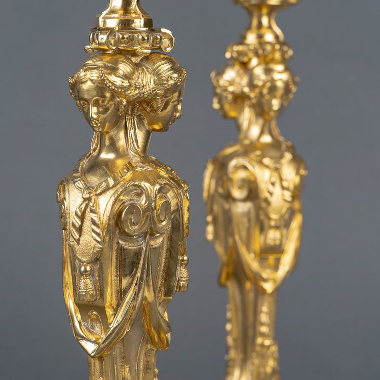 Vestals Pair of Louis XVI Style Chiseled and Gilt Bronze Candlesticks, 19th Century circa 1850