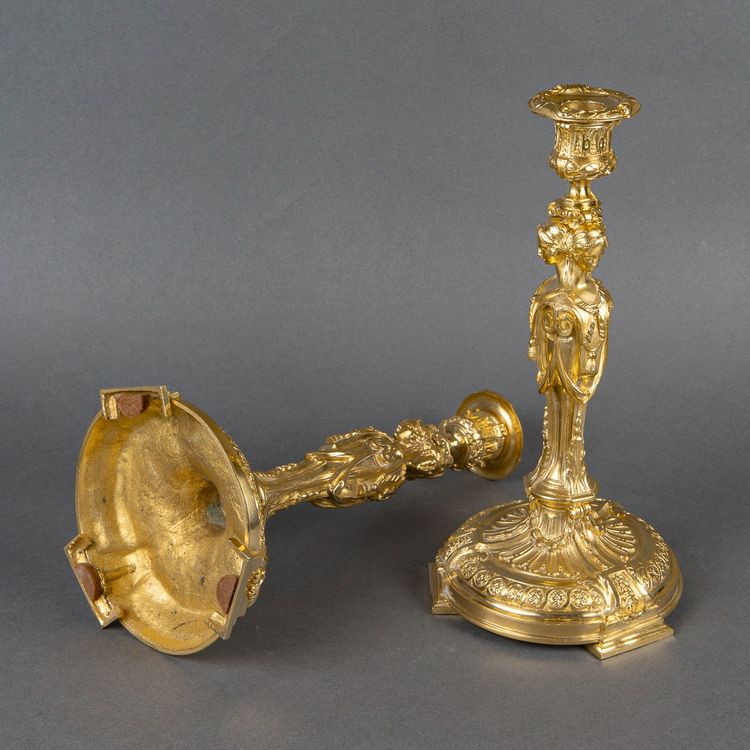 Vestals Pair of Louis XVI Style Chiseled and Gilt Bronze Candlesticks, 19th Century circa 1850