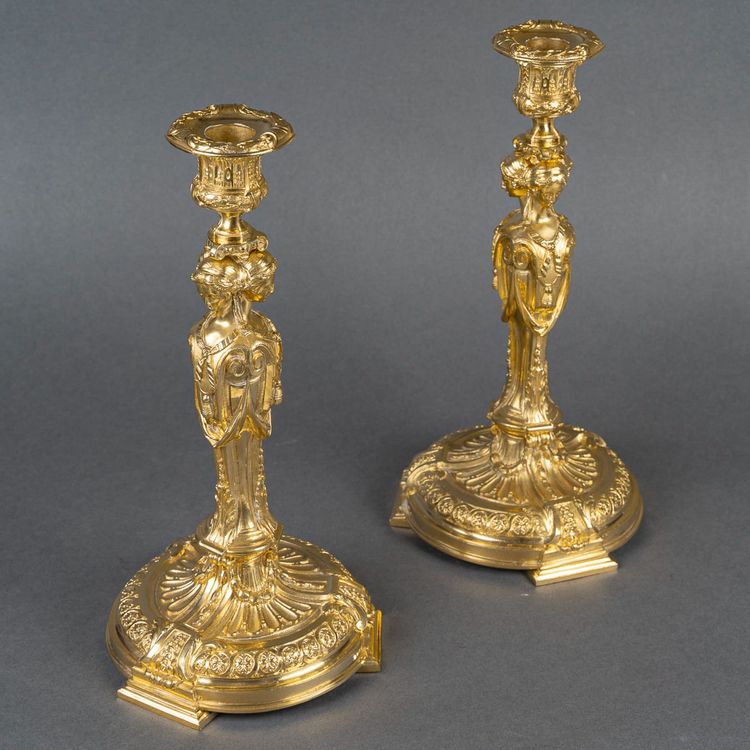 Vestals Pair of Louis XVI Style Chiseled and Gilt Bronze Candlesticks, 19th Century circa 1850