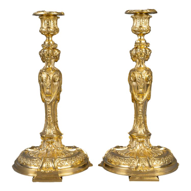 Vestals Pair of Louis XVI Style Chiseled and Gilt Bronze Candlesticks, 19th Century circa 1850