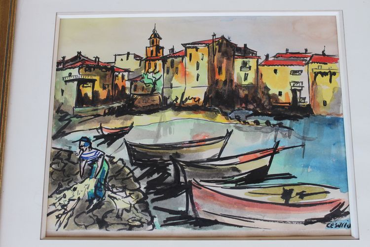 Port de Saint Tropez gouache Vue signée de Césario époque 20ème 