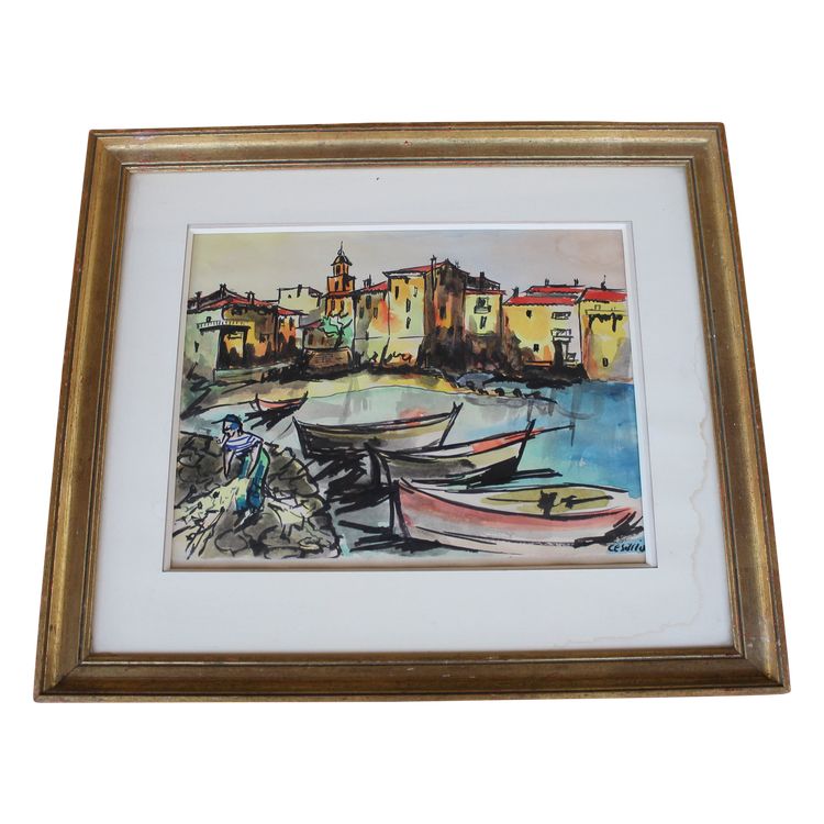 Port de Saint Tropez gouache Vue signée de Césario époque 20ème 