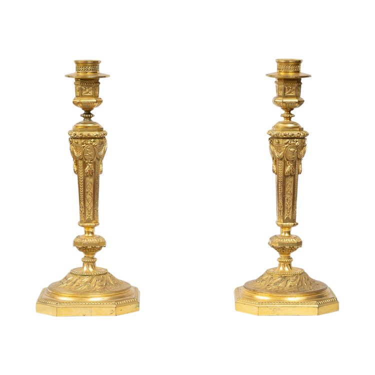 Pair of antique gilt bronze candlesticks. France, 19th century