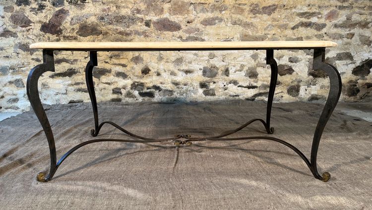 Wrought iron coffee table with raw oak top