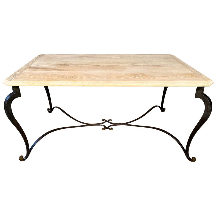 Wrought iron coffee table with raw oak top