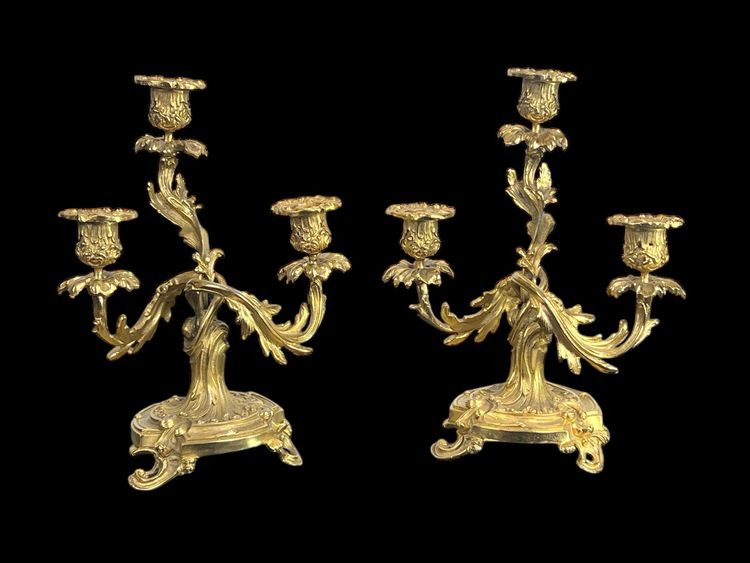 PAIR OF LATE 19TH CENTURY GILT-BRONZE THREE-BRANCH CANDLESTICKS IN LOUIS XV STYLE