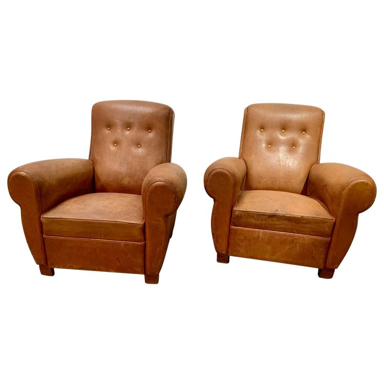 Pair of Art Deco club armchairs in tawny leather, 20th century