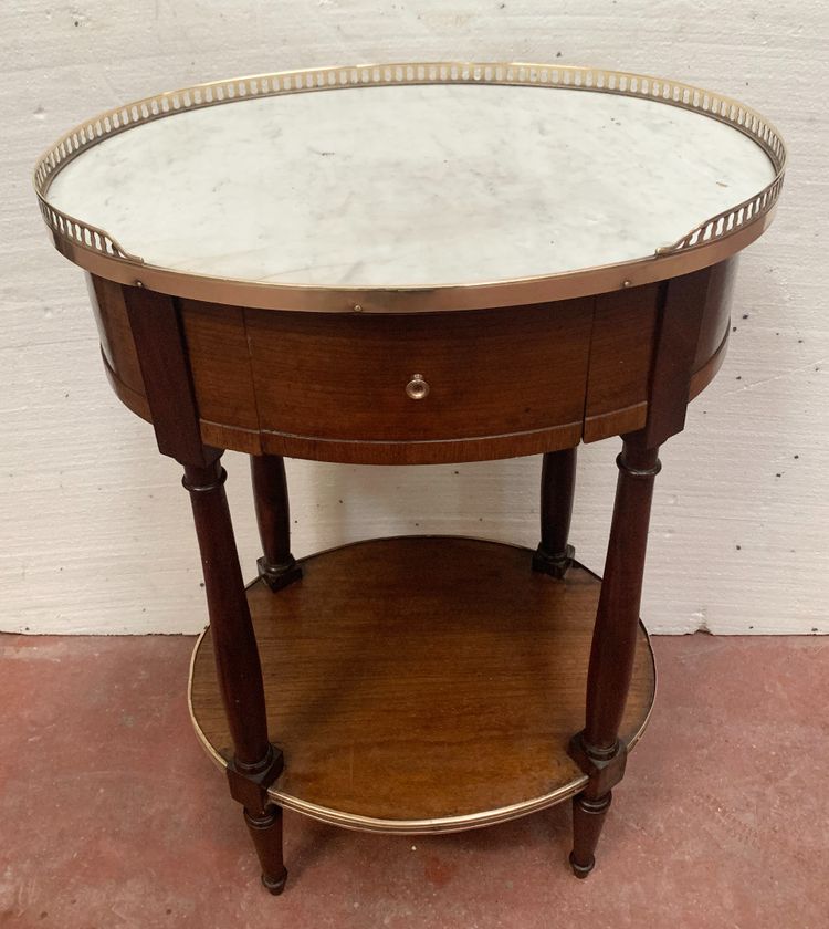 Louis XVI style oval coffee table in mahogany and marble, 19th century