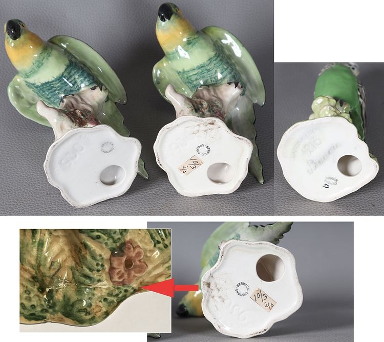 Set of 3 Beswick-England porcelain parakeets, circa 1930, height: 15 and 18 cm