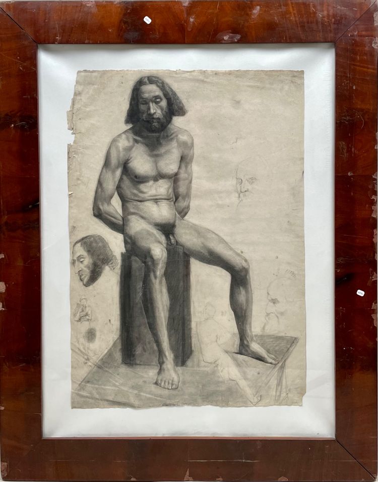 19th century academy, seated naked man