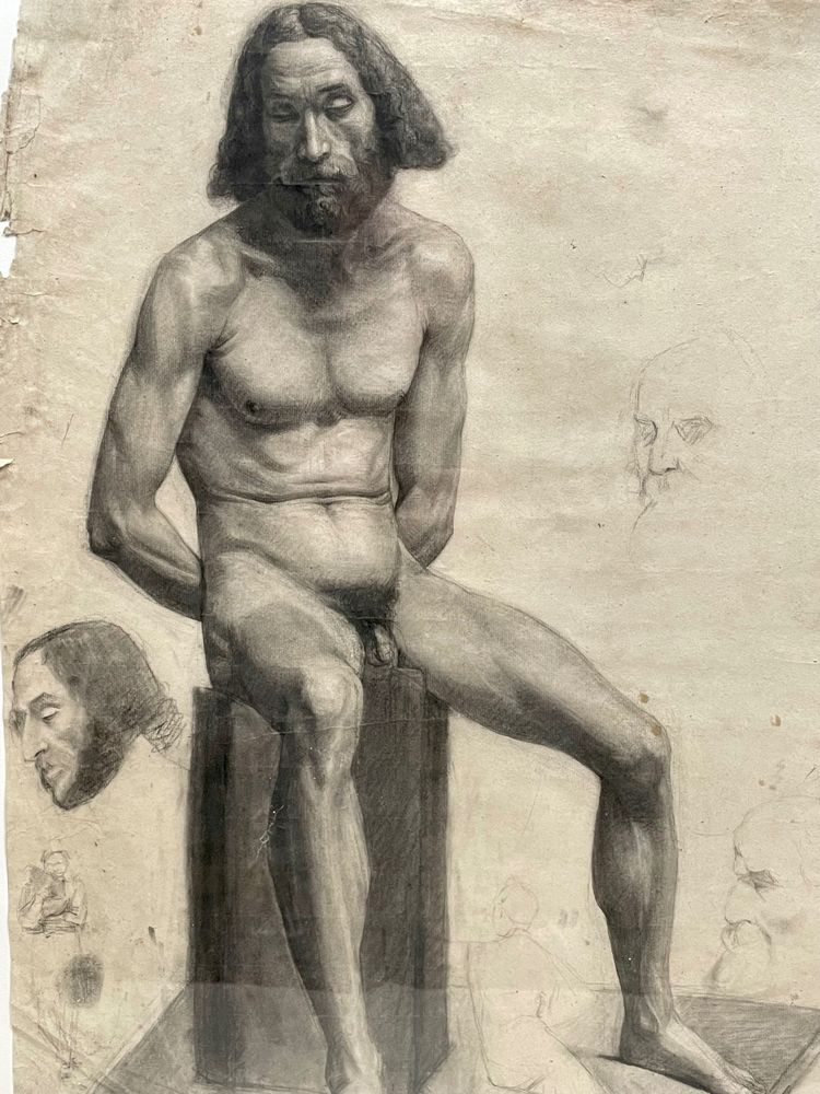 19th century academy, seated naked man