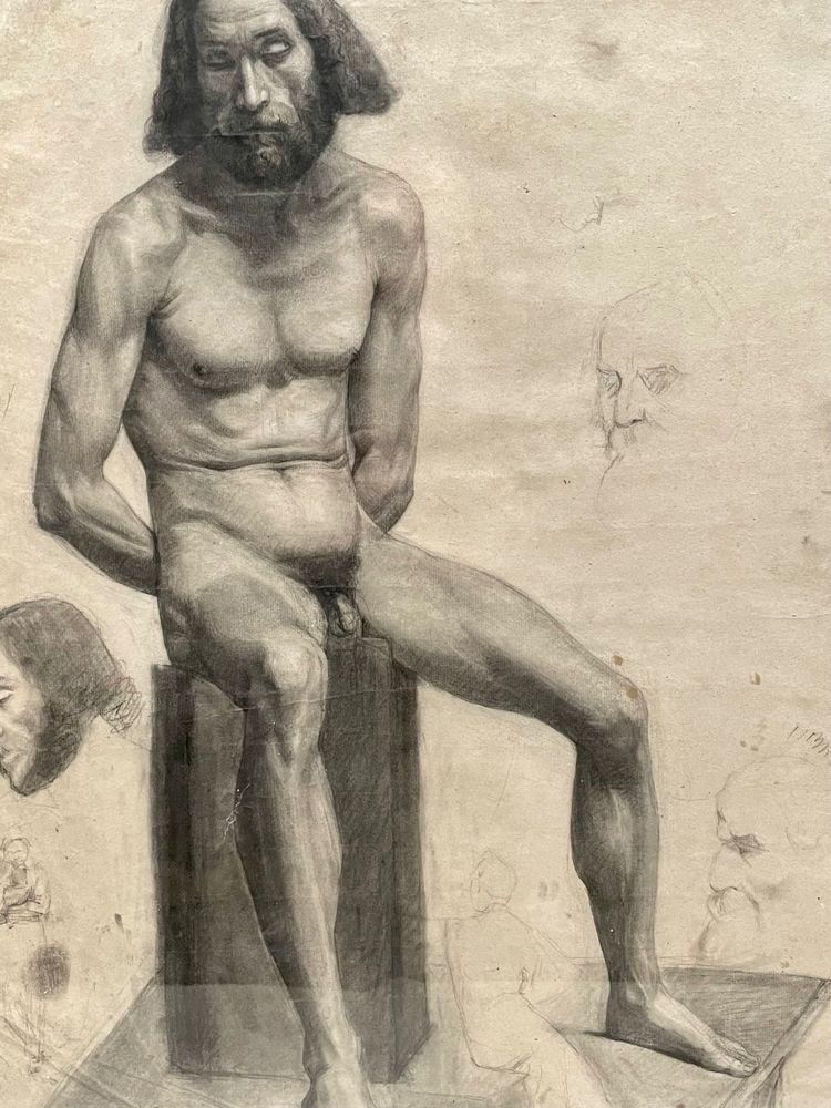 19th century academy, seated naked man