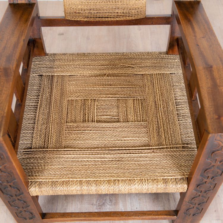 Neo-Basque Carved Armchair in Straw and Oak, 1940