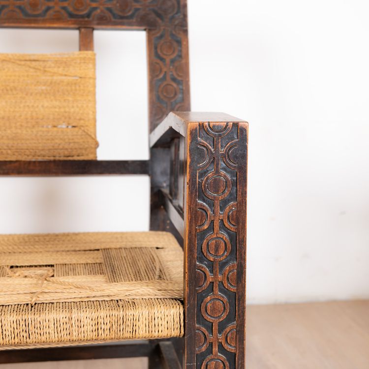 Neo-Basque Carved Armchair in Straw and Oak, 1940