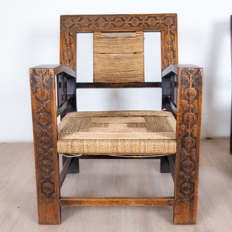 Neo-Basque Carved Armchair in Straw and Oak, 1940