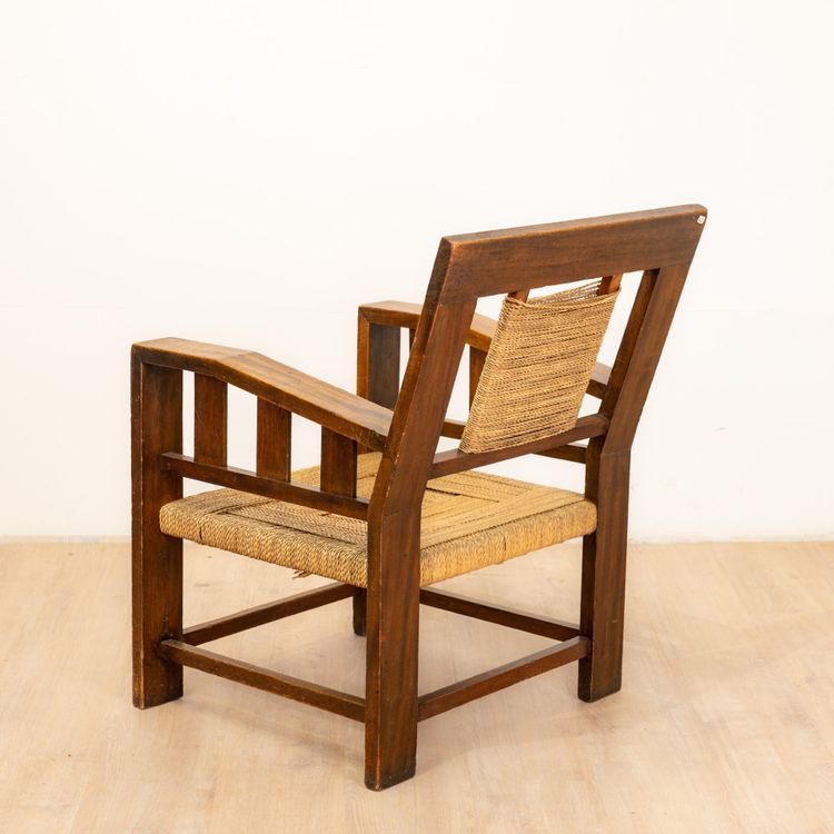 Neo-Basque Carved Armchair in Straw and Oak, 1940