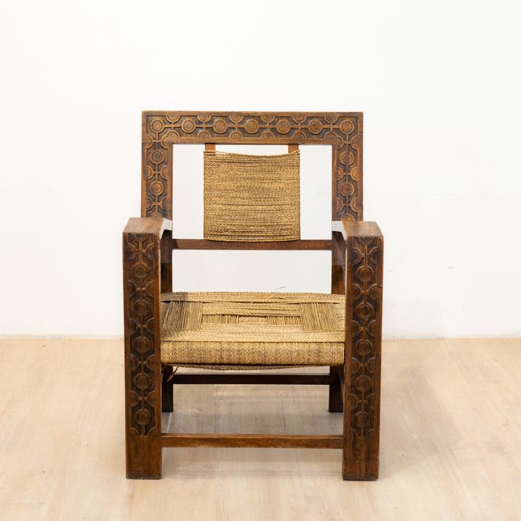 Neo-Basque Carved Armchair in Straw and Oak, 1940