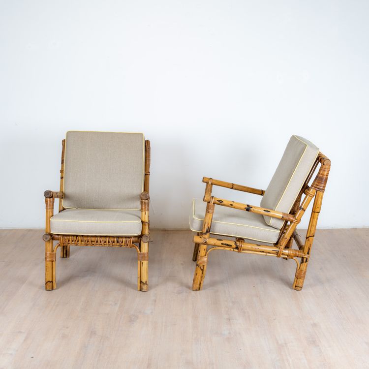 Rattan and Linen Armchairs, Italz, 1970, set of 2