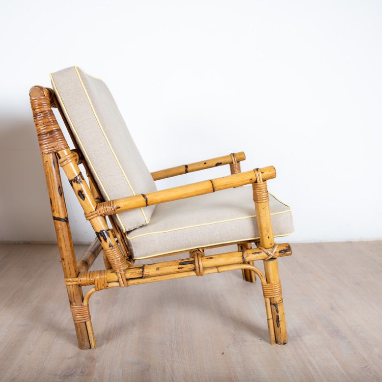 Rattan and Linen Armchairs, Italz, 1970, set of 2