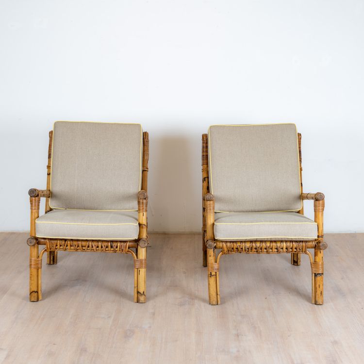 Rattan and Linen Armchairs, Italz, 1970, set of 2