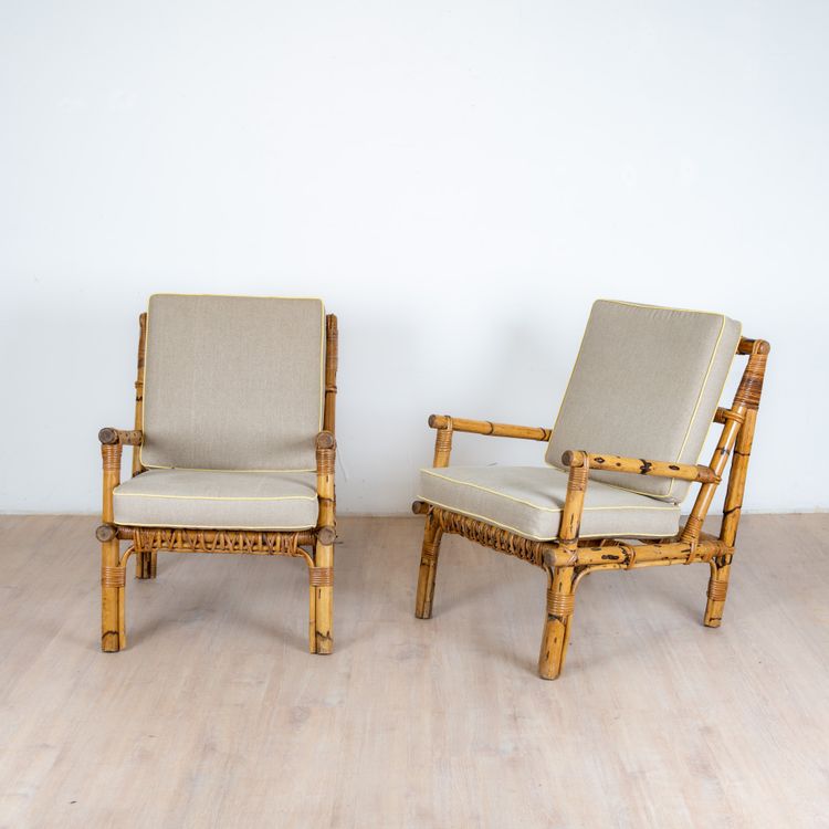 Rattan and Linen Armchairs, Italz, 1970, set of 2