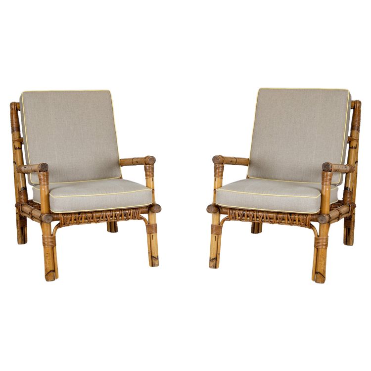 Rattan and Linen Armchairs, Italz, 1970, set of 2