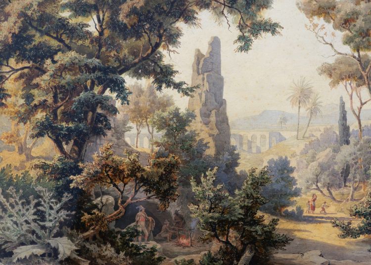 George Heinrich Busse, Lively Landscape In Syracuse, Sicily, On The Site Of The Ear Of Dionysus