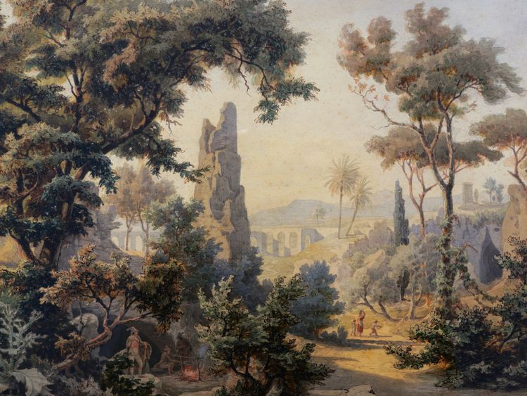 George Heinrich Busse, Lively Landscape In Syracuse, Sicily, On The Site Of The Ear Of Dionysus