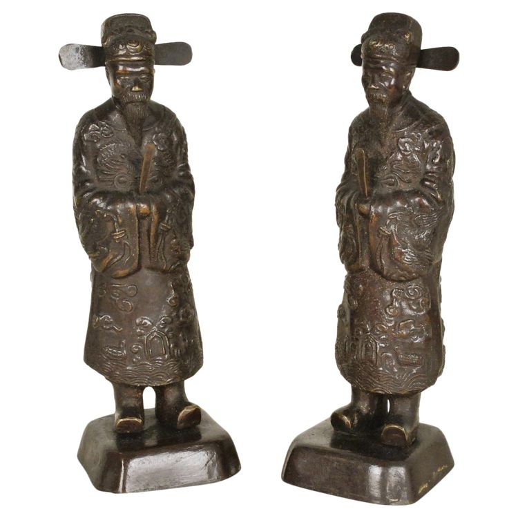 2 Annamite Mandarins in Bronze, Vietnam, Early 20th Century