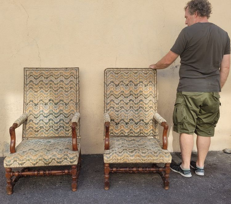 2 Louis XIII Period Armchairs with Tapestry