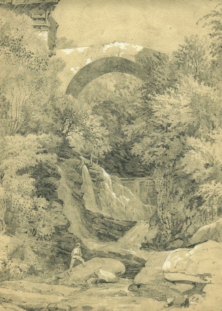 Landscape with character, waterfall and bridge - Original old drawing