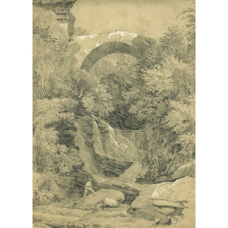 Landscape with character, waterfall and bridge - Original old drawing