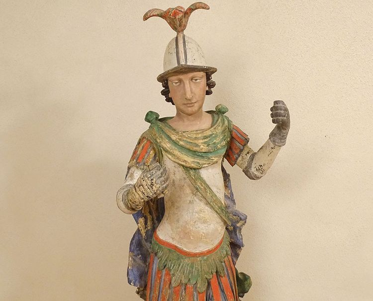 Large Religious Statue Saint Florian Soldier Polychrome Carved Wood 17th Century