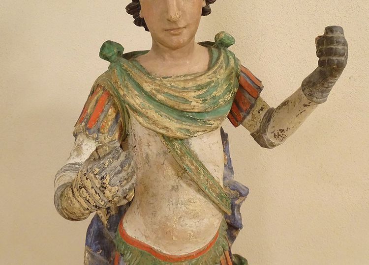 Large Religious Statue Saint Florian Soldier Polychrome Carved Wood 17th Century