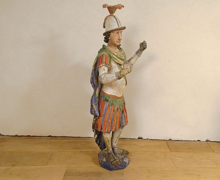 Large Religious Statue Saint Florian Soldier Polychrome Carved Wood 17th Century