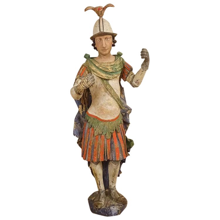 Large Religious Statue Saint Florian Soldier Polychrome Carved Wood 17th Century