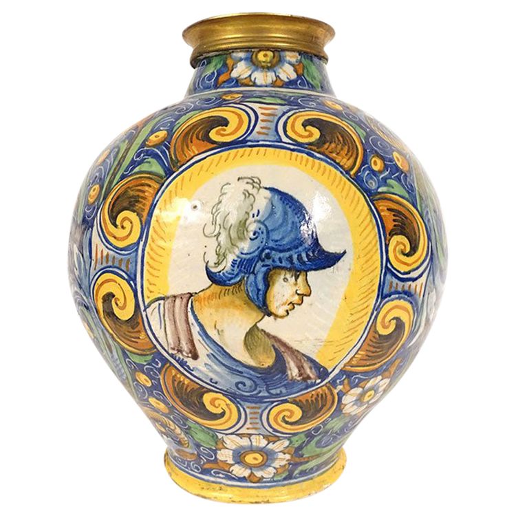 Large Majolica Vase Portraits Soldier Maestro Domenico Venice Italy XVIth