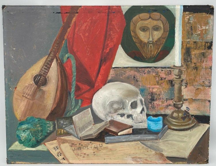 Oil on board still life with mandolin and skull