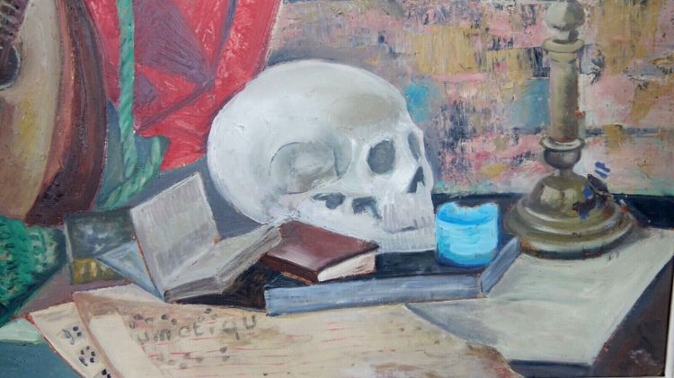 Oil on board still life with mandolin and skull