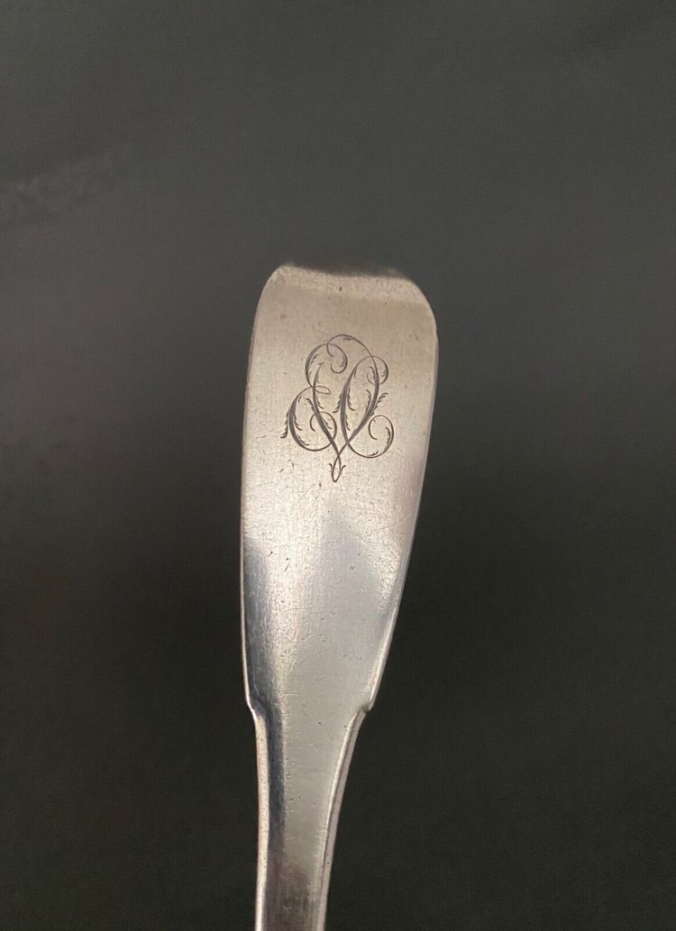 18th century stew spoon with single-flat monogram