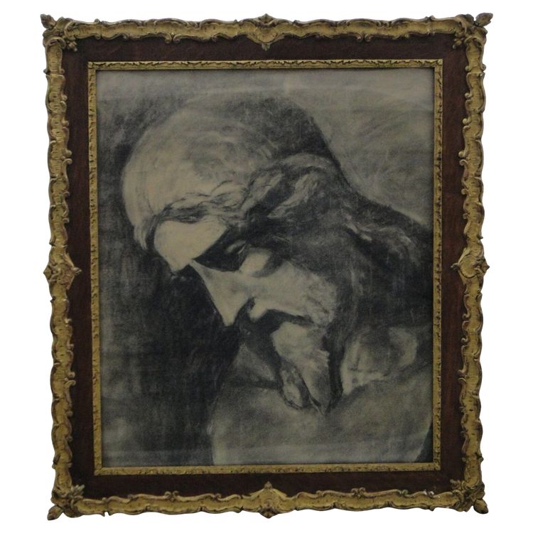 Dessin au fusain Christ XIXe cadre en plâtre et bois