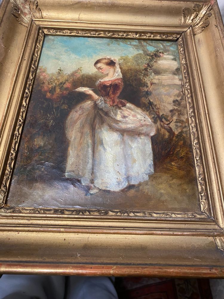 Louis Philippe period framed oil on canvas: "Jeune fille debout lisant dans un parc" circa 1840