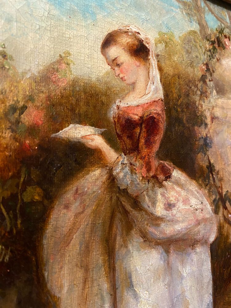 Louis Philippe period framed oil on canvas: "Jeune fille debout lisant dans un parc" circa 1840