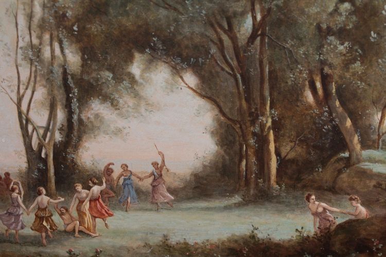 Gouache 'La danse des nymphes' after Camille Corot 19th century period