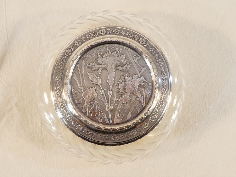 Bonbonniere ART NOUVEAU in CRYSTAL and SOLID SILVER with IRIS decoration