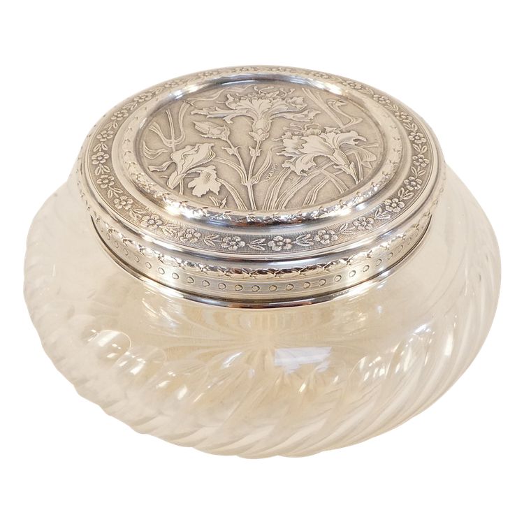 Bonbonniere ART NOUVEAU in CRYSTAL and SOLID SILVER with IRIS decoration