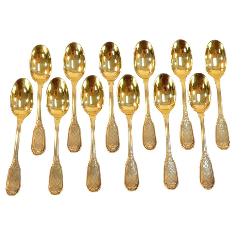 12 small mocha spoons in SOLID SILVER vermeil Minerva 1st title