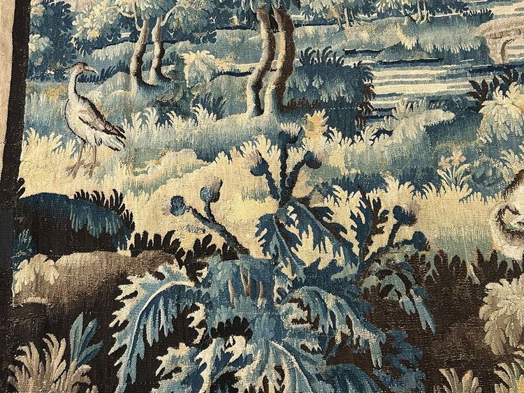 Large Aubusson Tapestry Landscape Greenery Fable Fox Stork Birds 18th